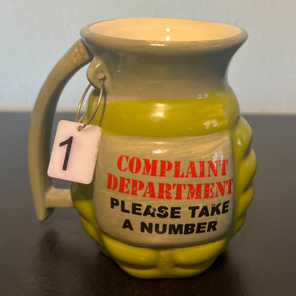 BIG MOUTH Hand Grenade Shape COMPLAINT DEPARTMENT Take a Number 3D Novelty Mug